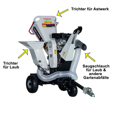 Lumag Rambo HC10DUO Benzin-Kombi-Häcksler mit zwei Trichtern und Saugschlauch für Astwerk und Laub